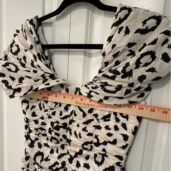 Self-Portrait 4 Off Shoulder Leopard Mini Dress Ruched Corset Black Cream XS - Picture 8 of 11